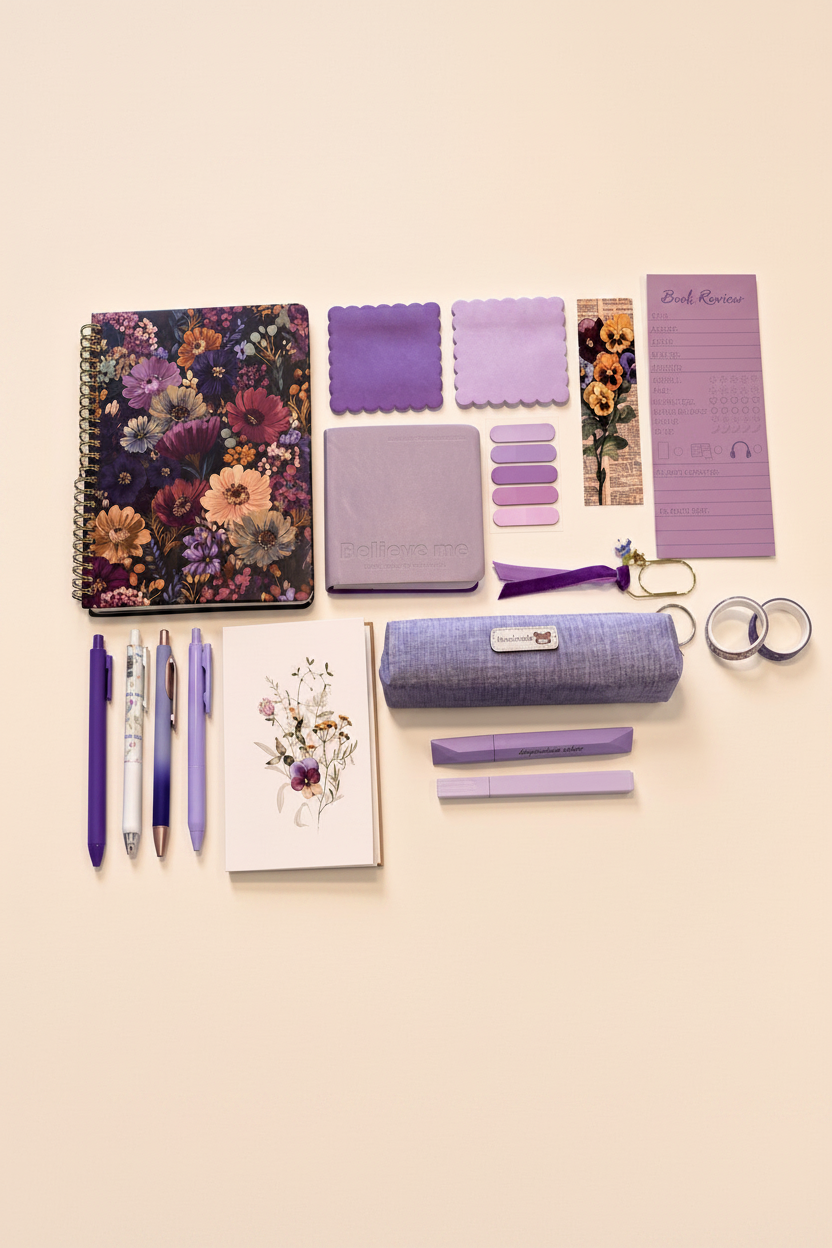 Purple Floral Spiral Notebook Collection - Pinterest styled flatlay